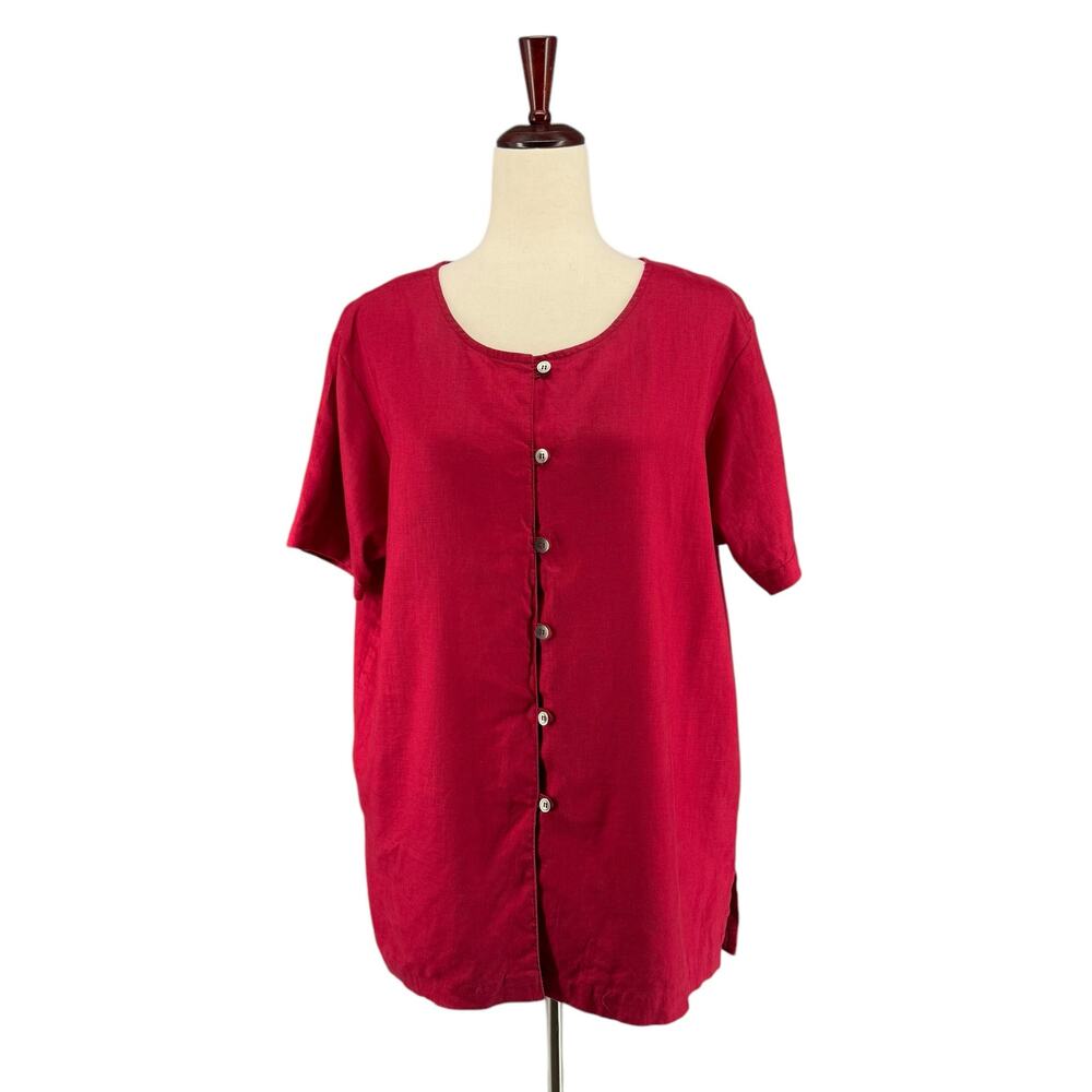 Vtg Lagenlook All Week Long 100% Linen Button Down Short Sleeve Top‎ 10 Red